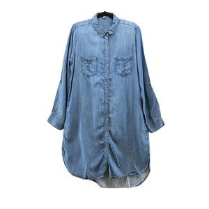 Joan Vass Tencel Chambray Shirt Dress Womens Large L Blue Long Sleeve Button Up